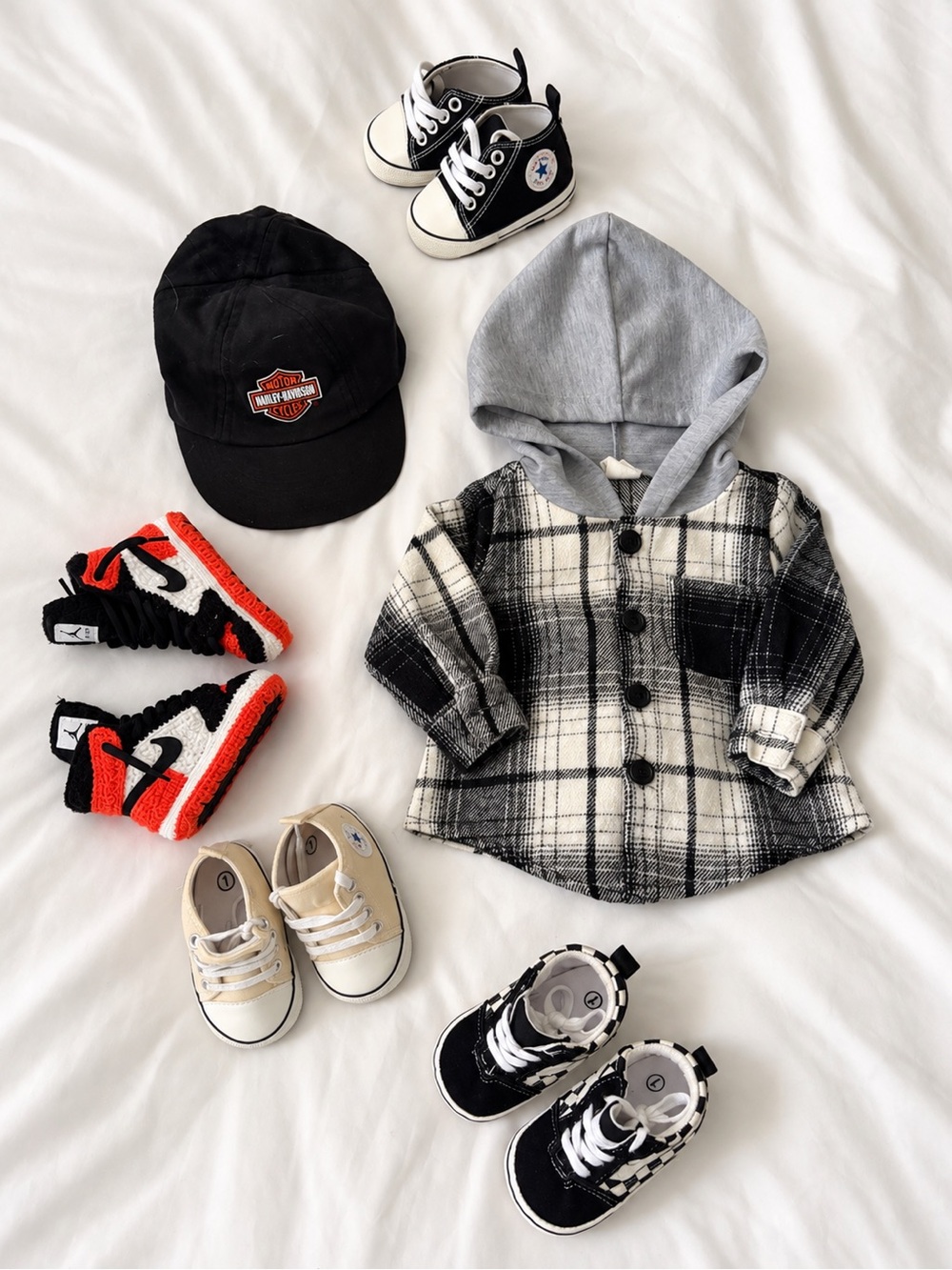 Baby shoes, hat & shirt bundle Black & White Plaid Hooded Shirt Jacket for Kids